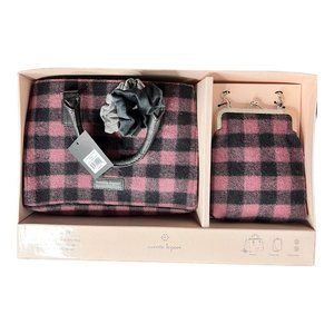 Nanette Lepore 4 pc Satchel Crossbody Pink Buffalo Check Velvet Scrunchies purse